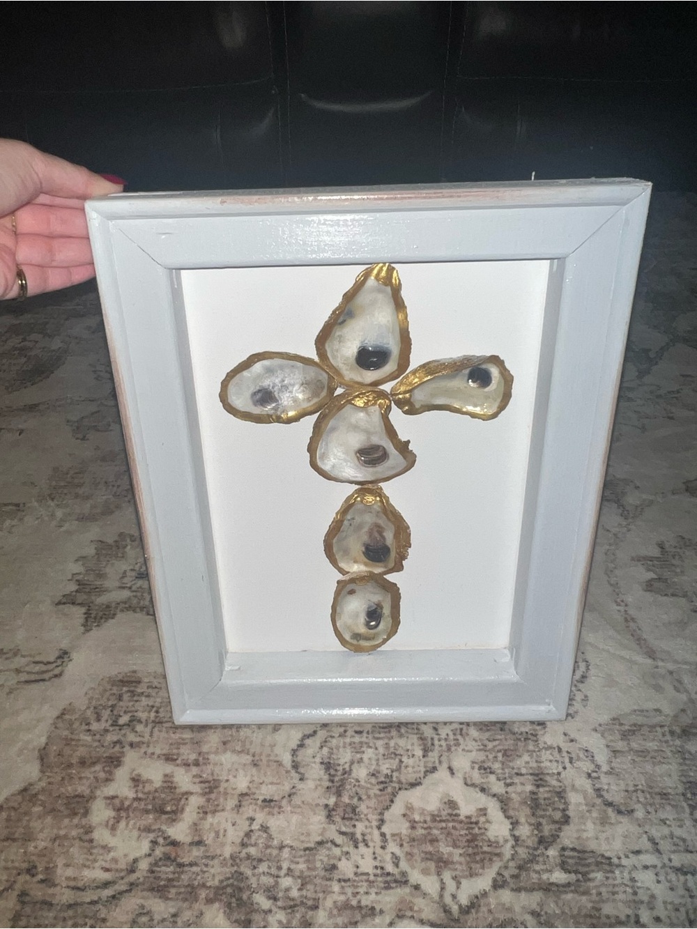 Framed White Oyster Shell Cross Wall Accent with Gold Trim